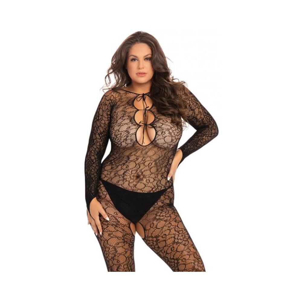 Rene Rofe Crotchless Lace Bodystocking Black 1x/2x