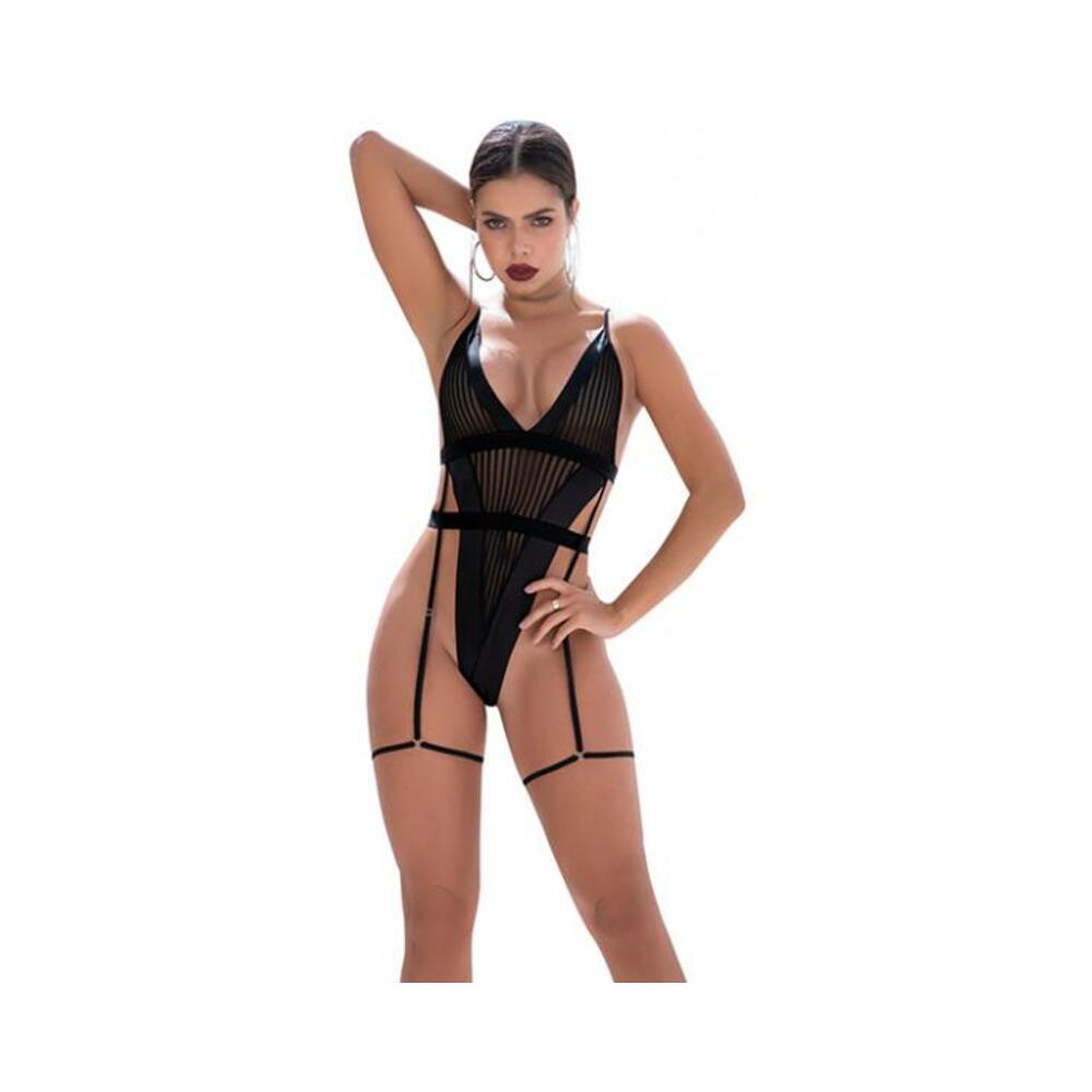 Shadow Panel Bodysuit W/hook & Eye Crotch Closure & Attached Garters Black M/l