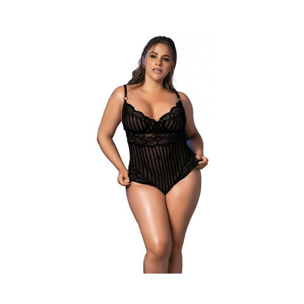 Shadow Stripe & Lace Teddy W/hook & Eye Closure Black 1x/2x