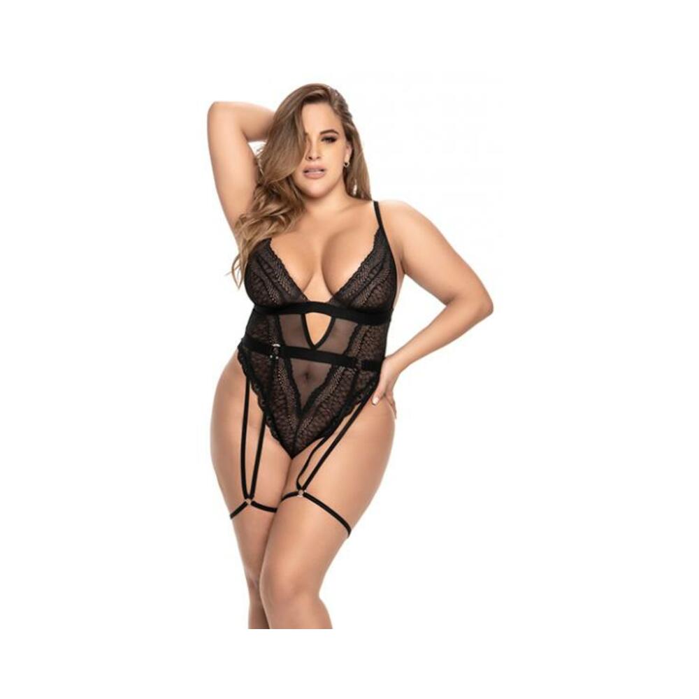 Sheer Mesh & Animal Pattern Lace Teddy W/garter Belt & Adjustable Crotch Closure Black 1x/2x