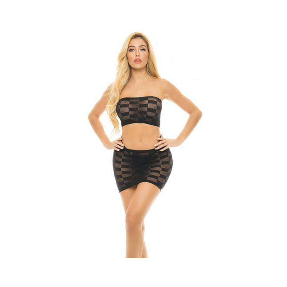 Pink Lipstick Checkered Up Bandeau Bra & Skirt Black O/s