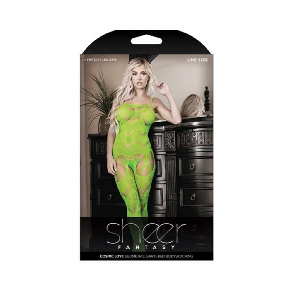 Sheer Cosmic Love Strappy Geometric Gartered Bodystocking Neon Green O/s