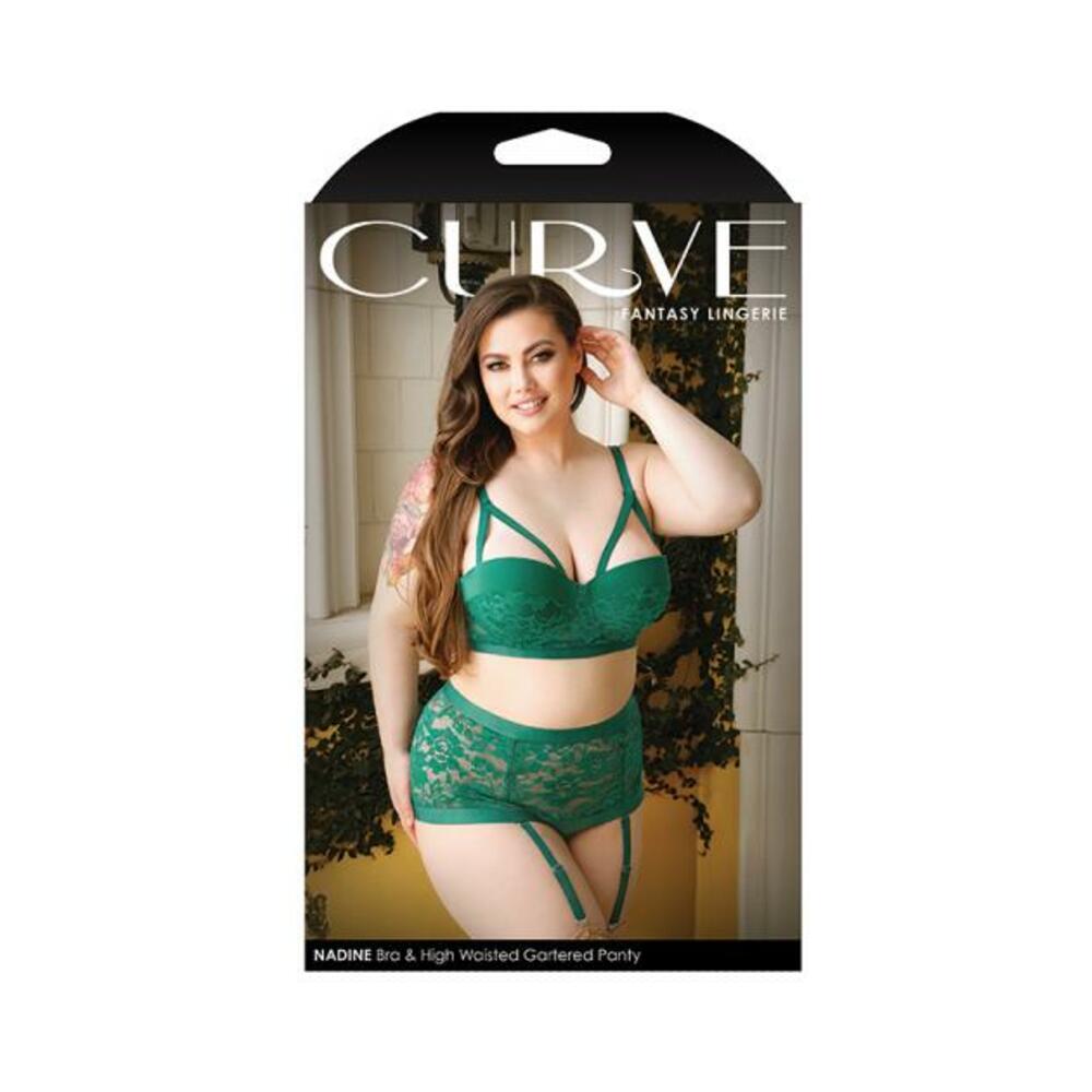 Curve Nadine Longline Contour Cup Bra & High Waist Panty With Removable Garters Emerald 1x/2x