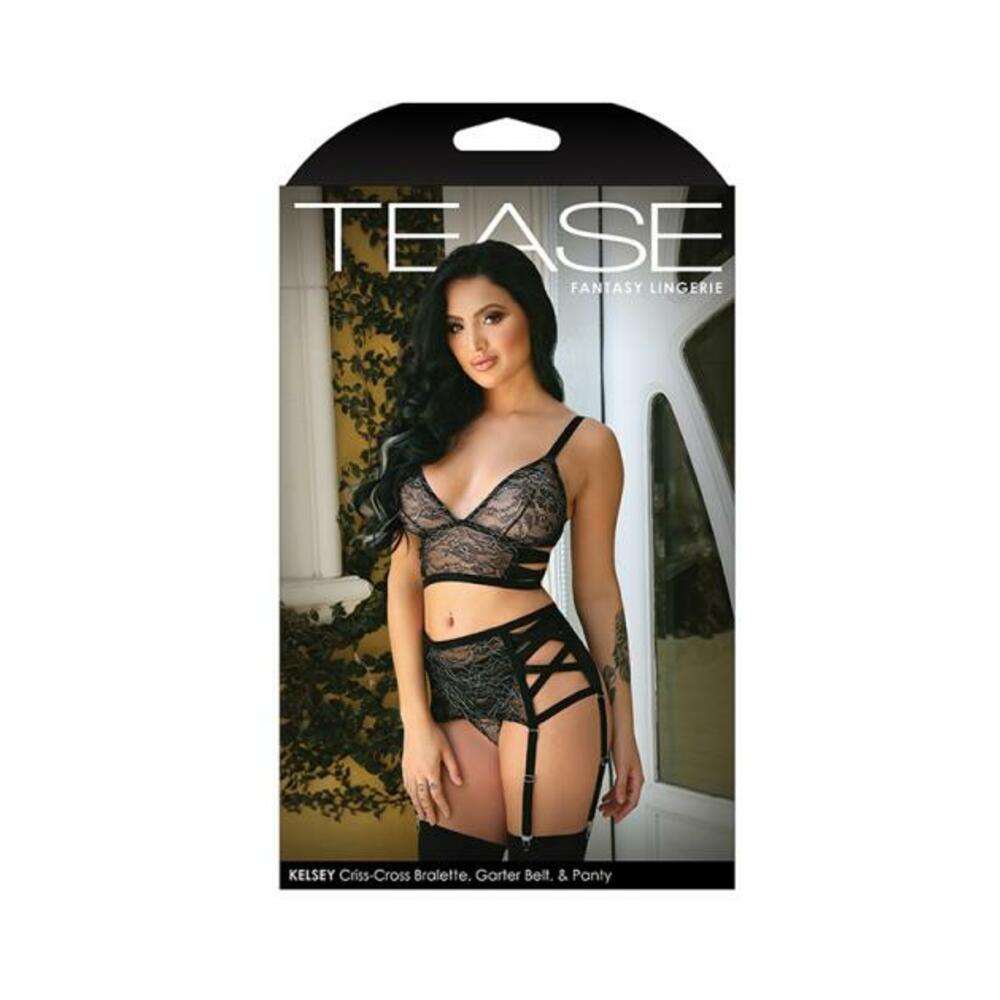 Tease Kelsey Criss-cross Metallic Lace Bralette, Garter Belt, & Panty Black L/xl