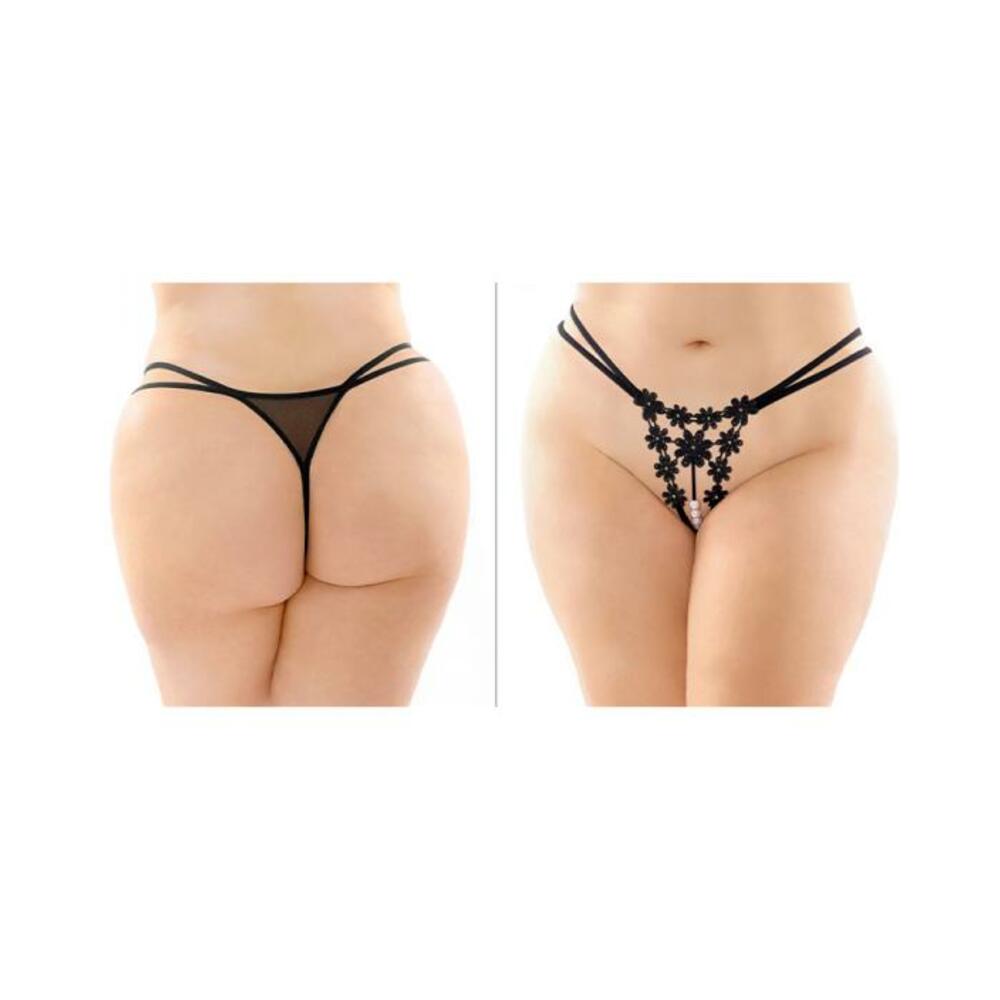 Aster Crotchless Strappy Flower Pearl Thong Black Queen