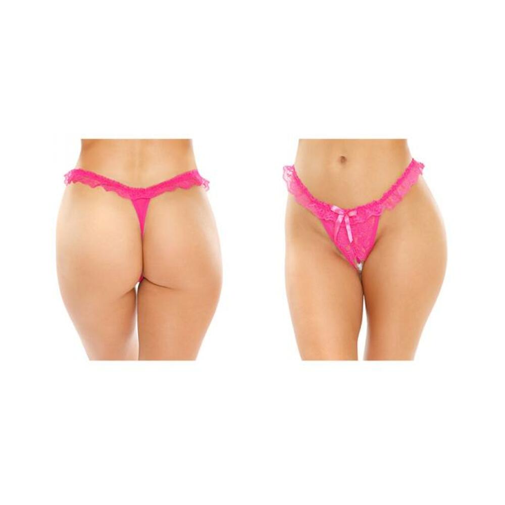 Flora Ruffled Lace Crotchless Pearl Thong Pink L/xl