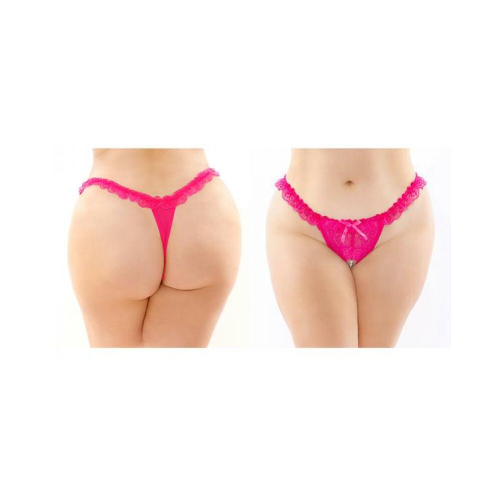 Flora Ruffled Lace Crotchless Pearl Thong Pink Queen