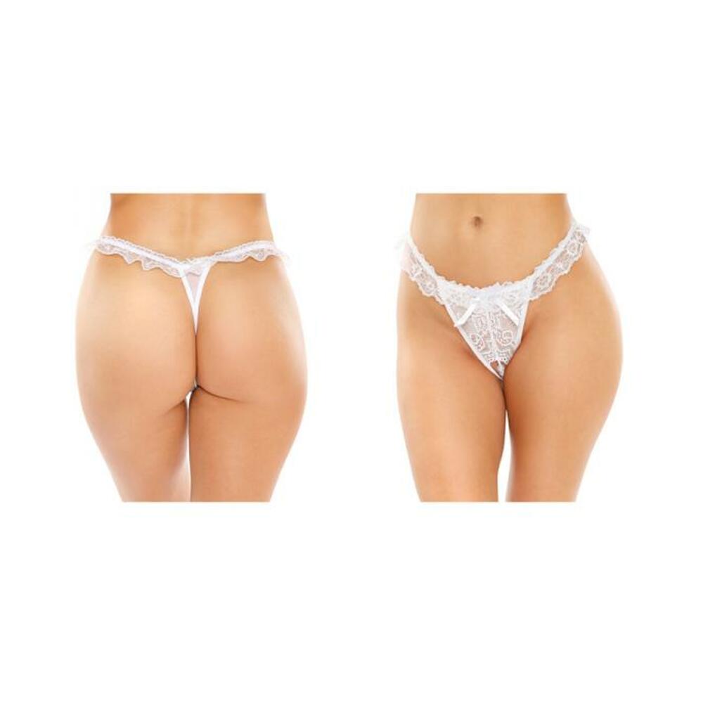 Flora Ruffled Lace Crotchless Pearl Thong White S/m