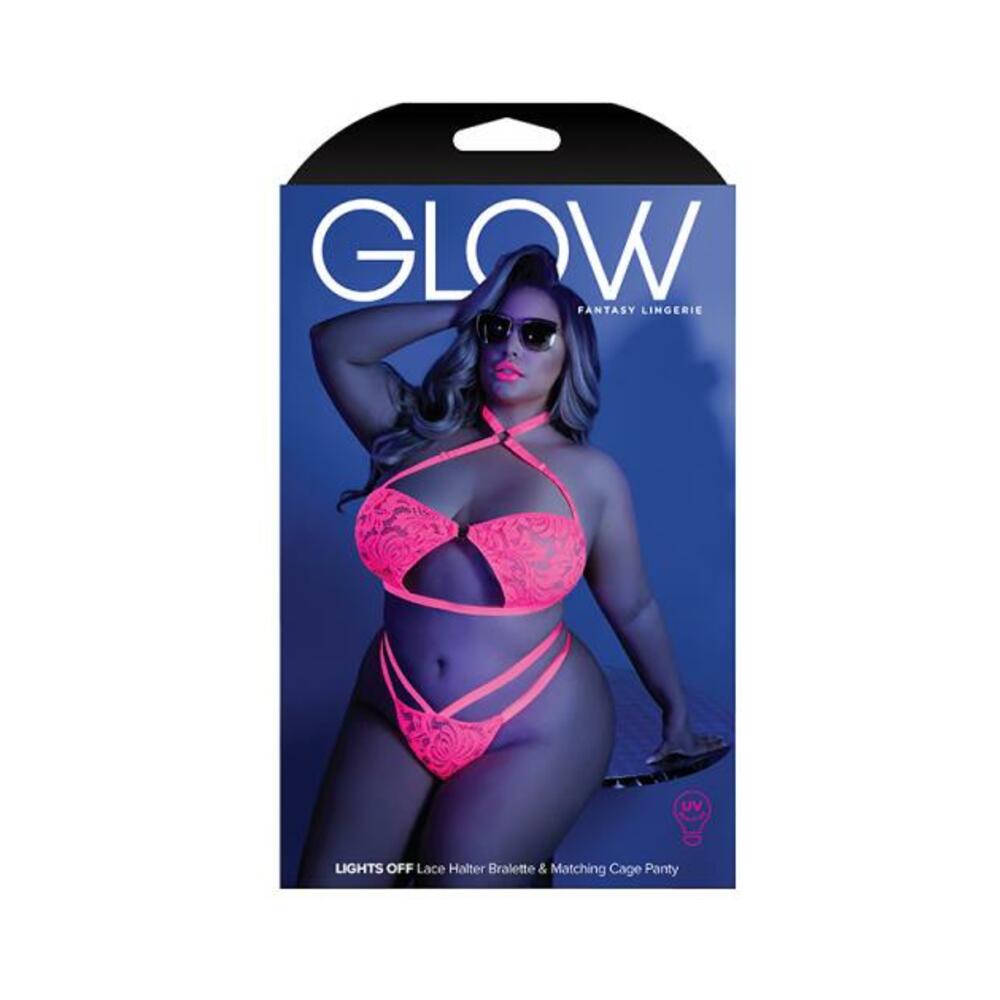 Glow Lights Off Lace Halter Bralette & Cage Panty Neon Pink Qs