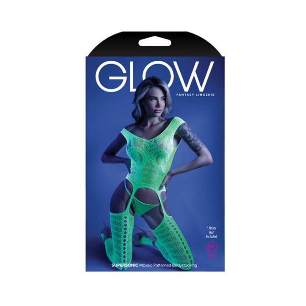 Glow Supersonic Mosaic Pattern Gartered Bodystocking Neon Green Os