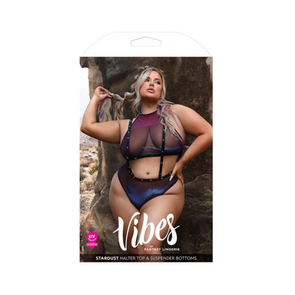 Fantasy Lingerie Vibes Stardust Iridescent Halter Top & Suspender Bottoms With Uv Reactive Star Prin