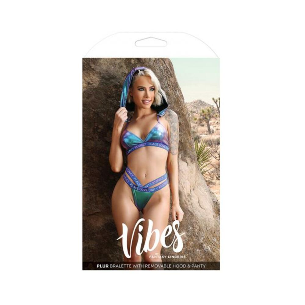 Fantasy Lingerie Vibes Plur Holographic Bralette With Removable Hood & Panty Aqua Holo S/m
