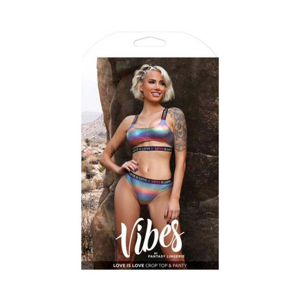 Fantasy Lingerie Vibes Love Is Love Underboob Cut Out Top & Cheeky Panty Rainbow Holo S/m
