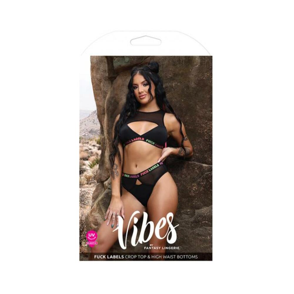 Fantasy Lingerie Vibes Fuck Labels Keyhole Top & High Waist Bottoms With Uv Reactive Elastic Black L