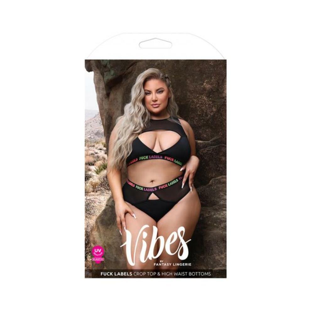 Fantasy Lingerie Vibes Fuck Labels Keyhole Top & High Waist Bottoms With Uv Reactive Elastic Black Q