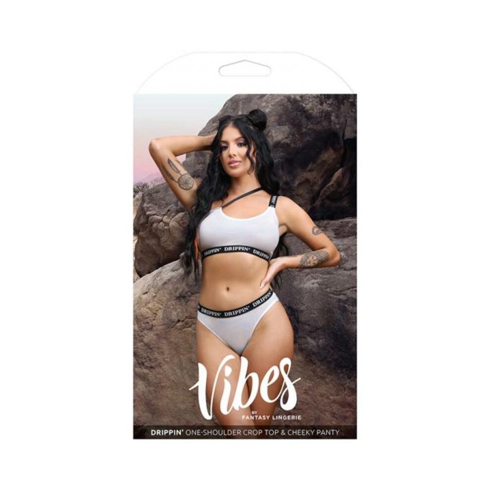 Fantasy Lingerie Vibes Drippin' Iridescent Strappy One-shoulder Top & Cheeky Panty Pearl White M/l