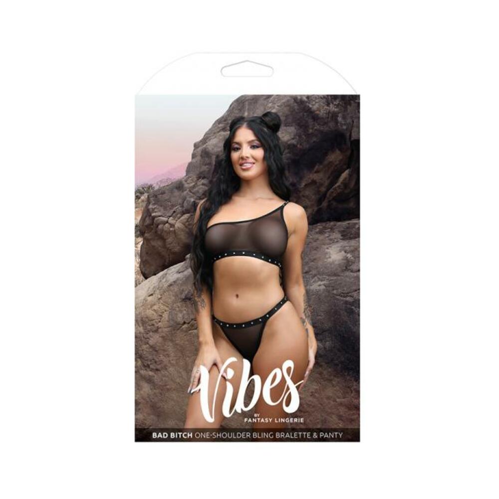 Fantasy Lingerie Vibes Bad Bitch One-shoulder Bling Bralette & Bikini Panty With Rhinestone Letterin