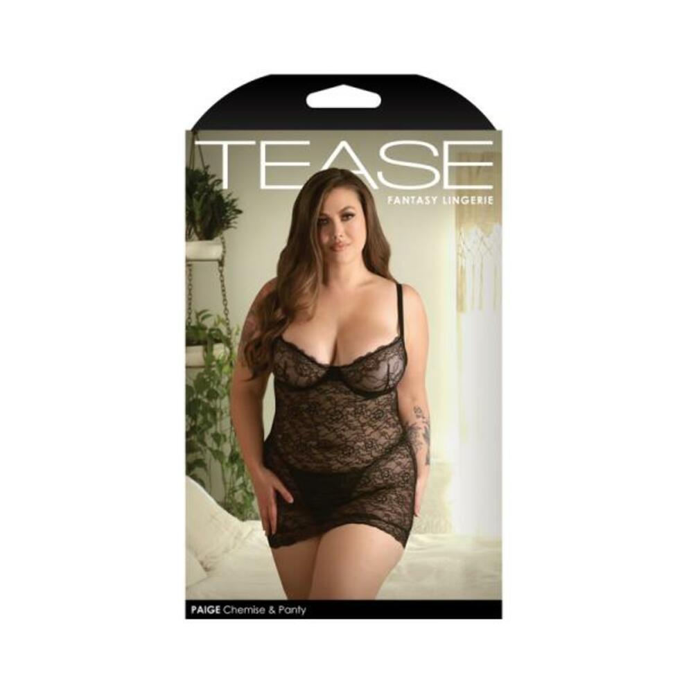 Fantasy Lingerie Tease Paige Lace Chemise & G-string Panty Black 1xl/2xl
