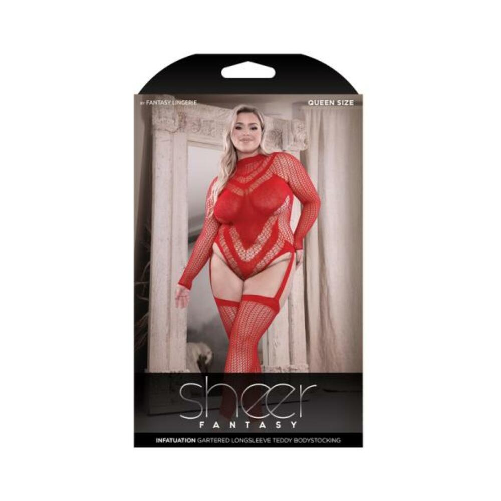 Fantasy Lingerie Sheer Infatuation Open Back Longsleeve Teddy Bodystocking Red Queen Size