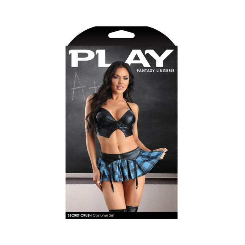 Fantasy Lingerie Play Secret Crush Wetlook Bralette, Gartered Plaid Skirt & G-string Panty Costume M