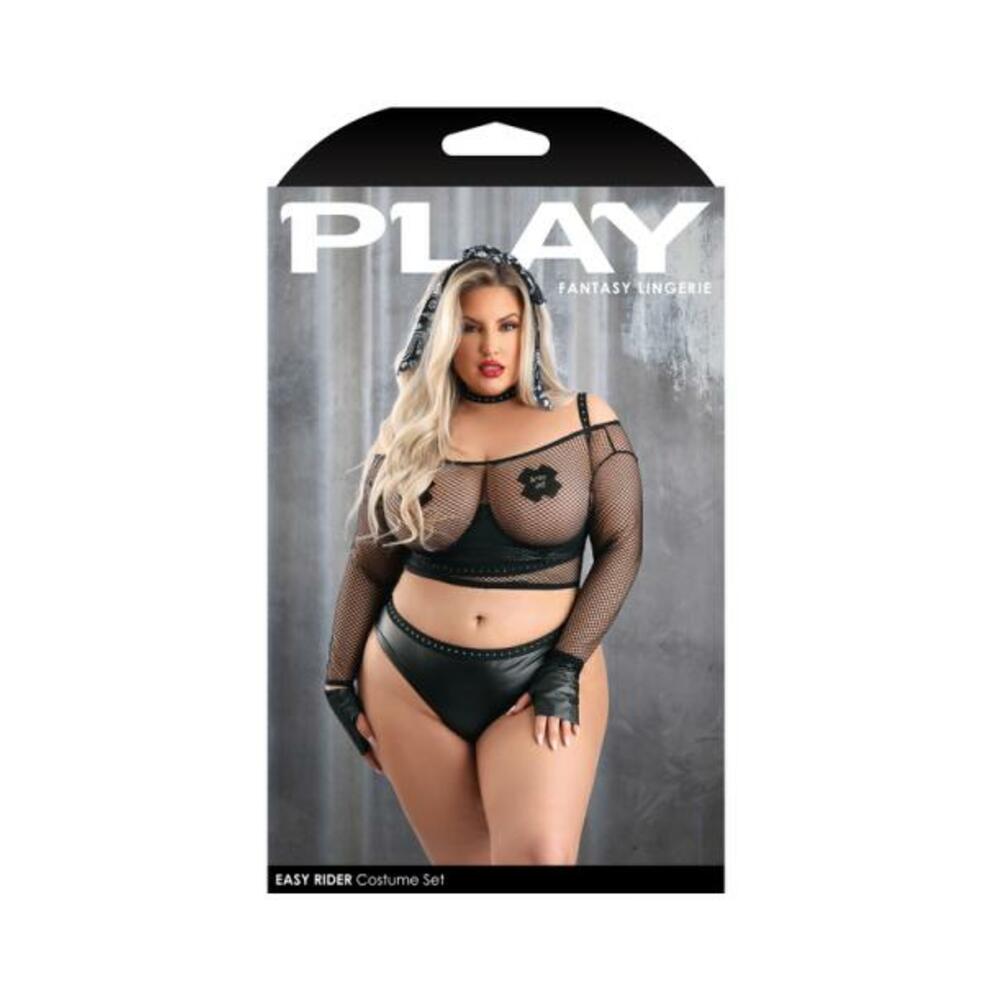 Fantasy Lingerie Play Easy Rider Open Cup Bra, Long Sleeve Fishnet Top, Panty, Choker, Gloves, Banda