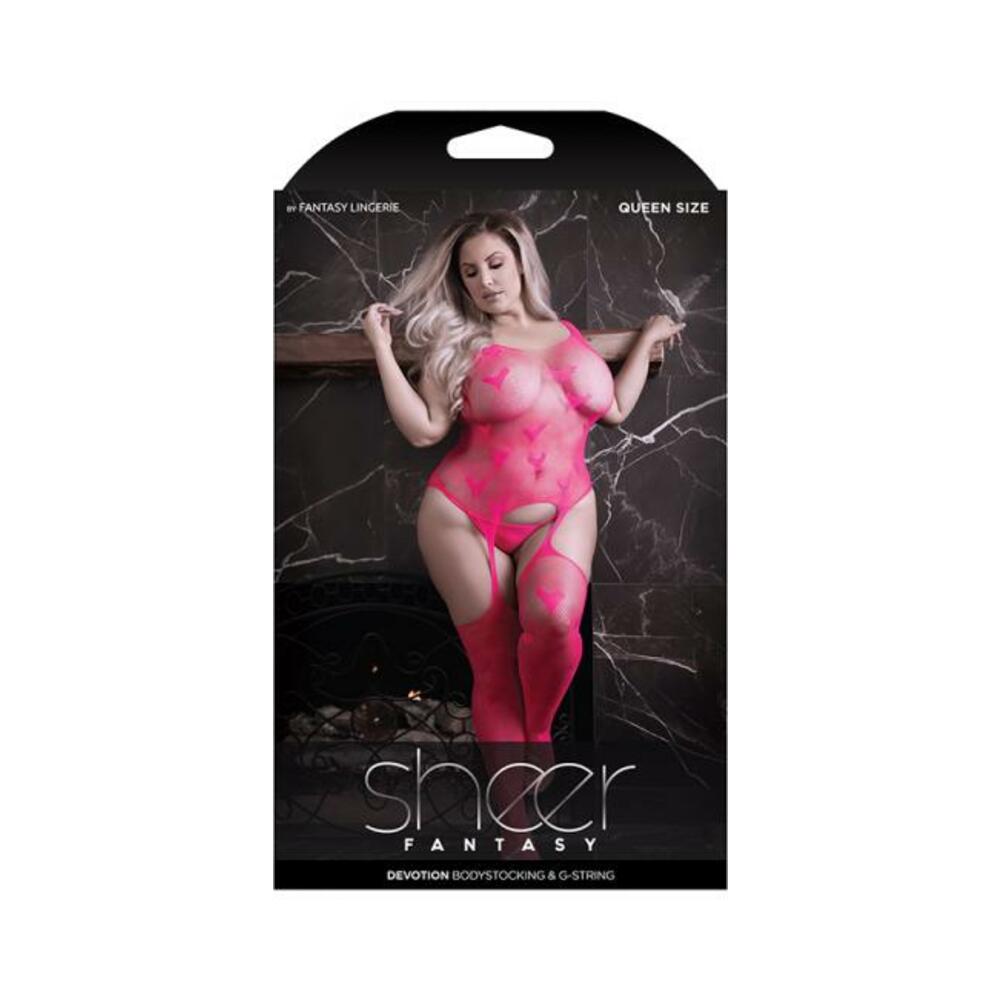 Fantasy Lingerie Sheer Devotion Heart Patterned Bodystocking & G-string Panty Pink Queen Size