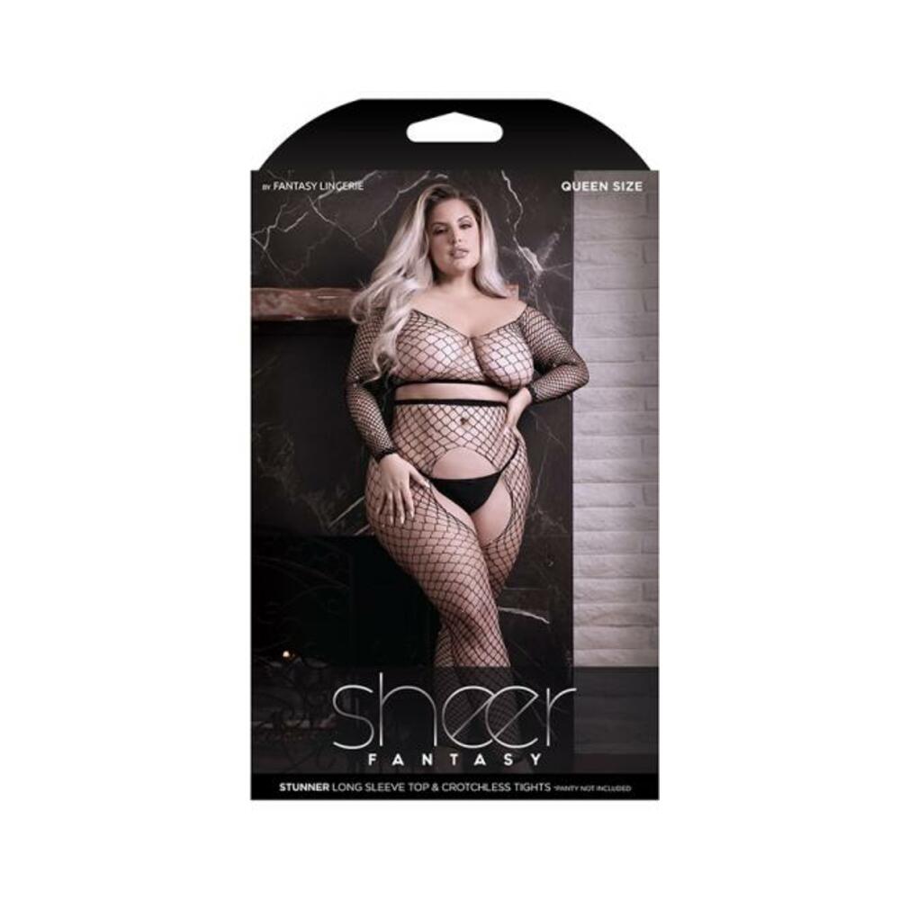 Fantasy Lingerie Sheer Stunner Rhinestone Fishnet Longsleeve Top & Crotchless Tights Black Queen Siz