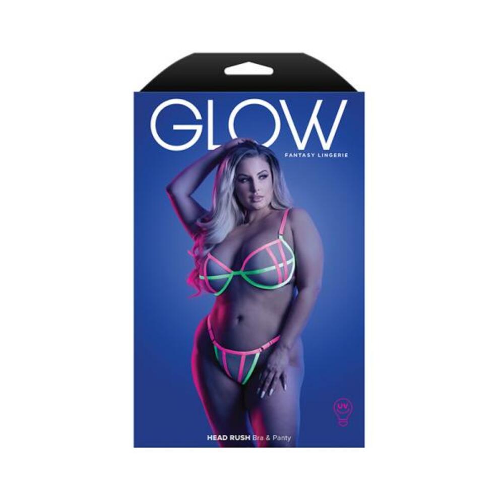 Fantasy Lingerie Glow Head Rush Uv Reactive Contrast Binding Bra & Adjustable G-string Queen Size
