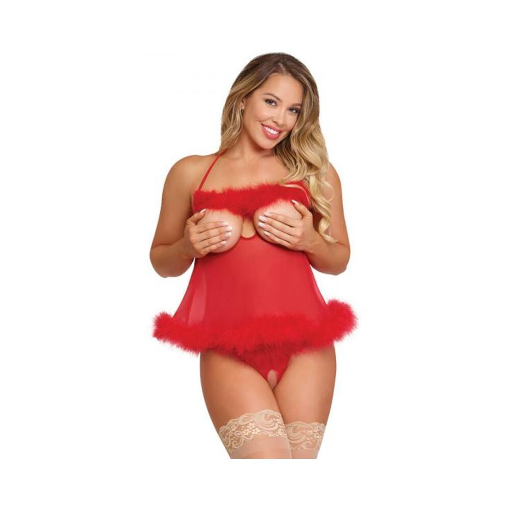 Magic Silk Marabou Cupless & Crotchless Babydoll Set Red S/m