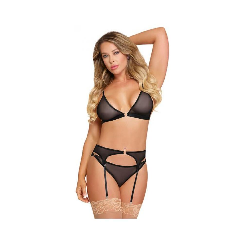 Magic Silk Sassy Bra, Garter & Rouched Panty Black L/xl