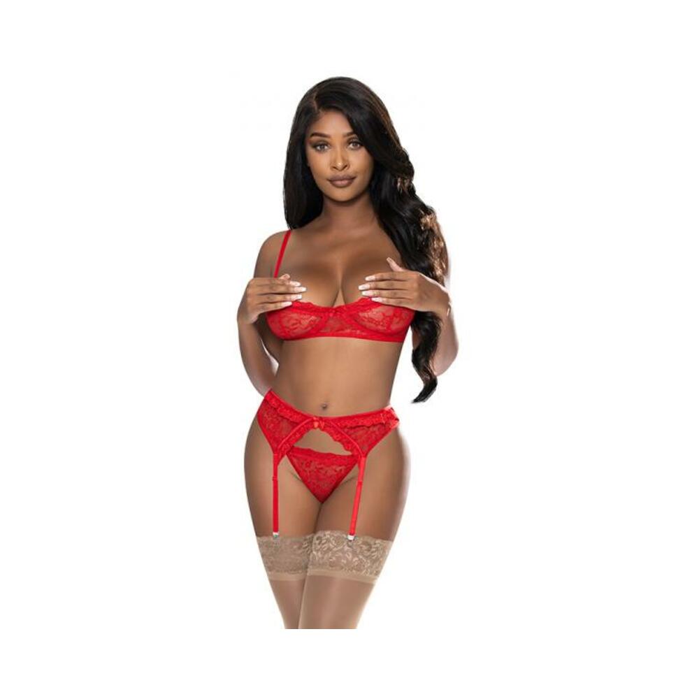 Magic Silk Ooh La Lace Demi Bra, Garter & Tanga Set Red S/m