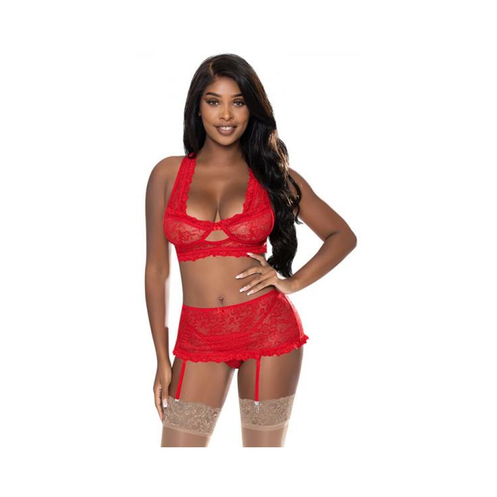 Magic Silk Ooh La Lace Bralette, Garter Skirt & G-string Set Red S/m