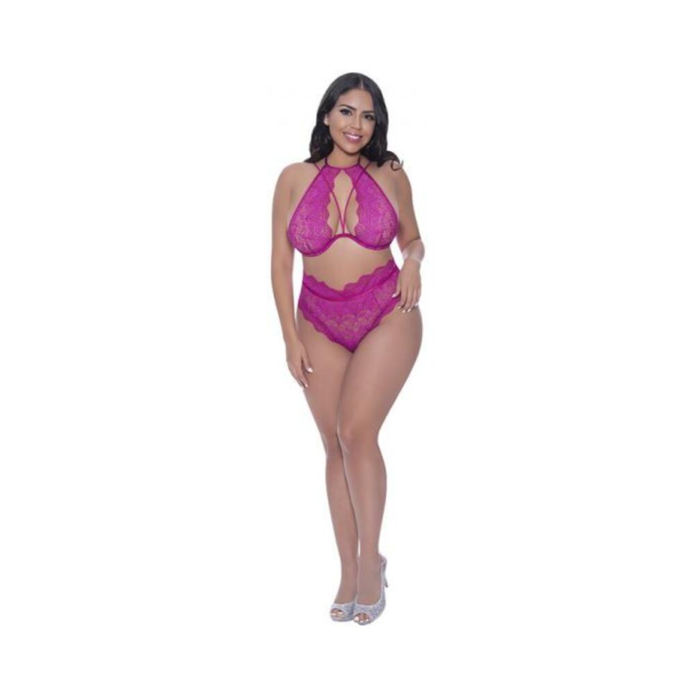 Magic Silk Berrylicious Halter & Lace Up Panty Set Raspberry Queen Size