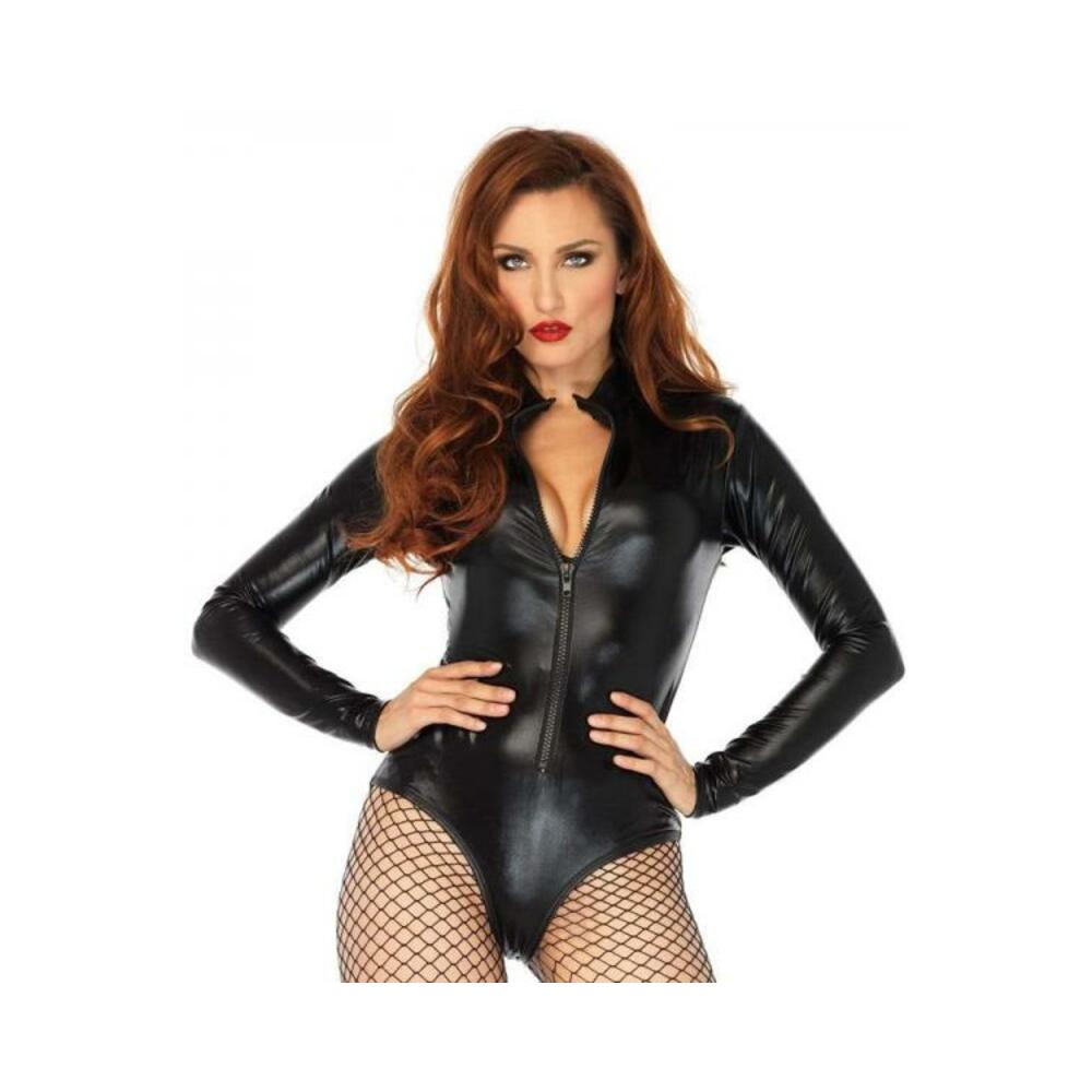 Wet Look High Neck Zipper Front Romper Black Small