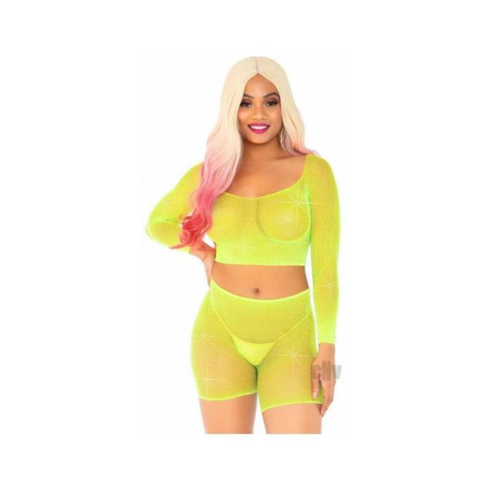 Rhinestone Fishnet Top/shorts Os 2pc Ylw