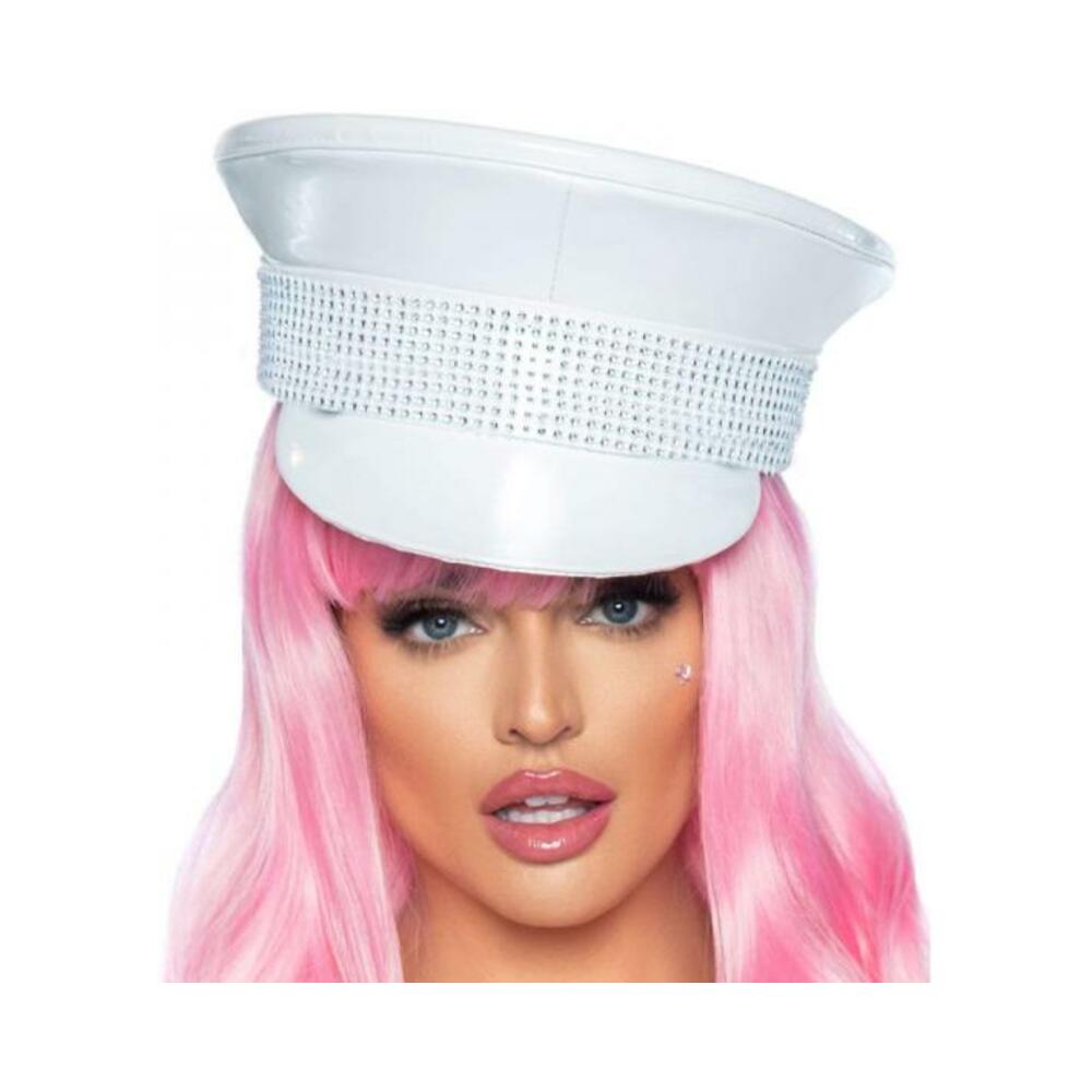 Rhinestone Trimmed Military Hat White O/s