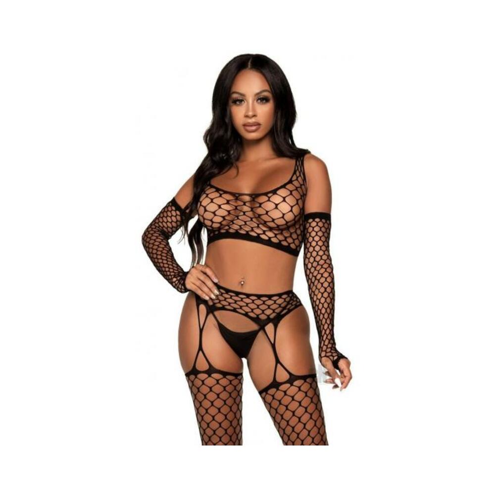Net Crop Top Stockings Gloves 3pc Os Blk