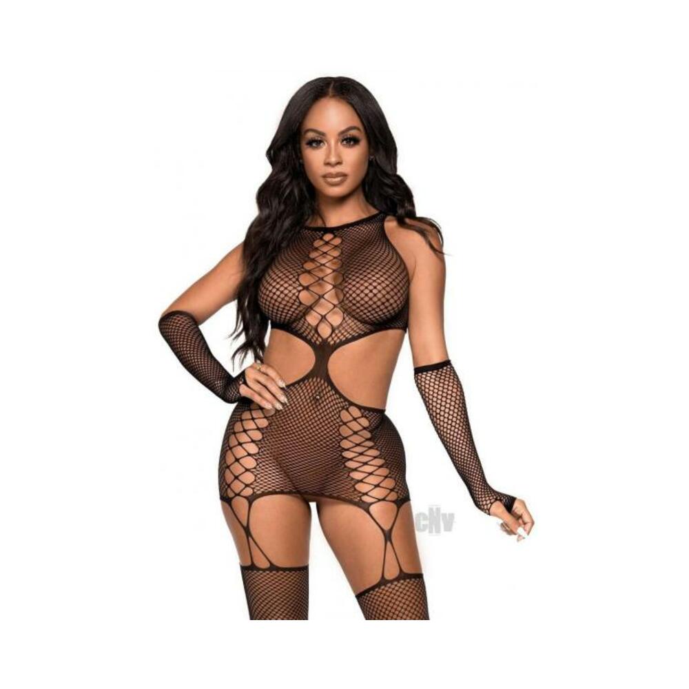Net Cut Out Garter Dress 2pc Set Os Blk
