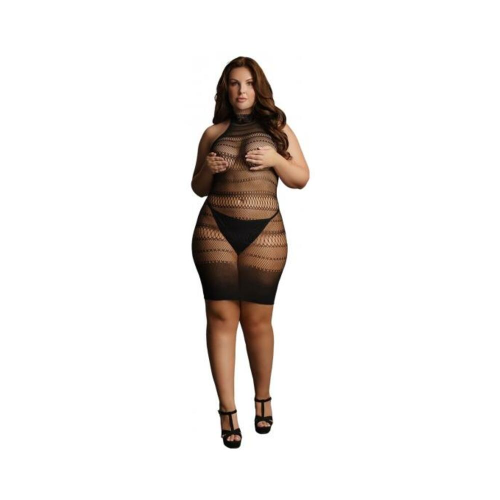 Shots Le Desir High Lace Neck Net Mini Dress Black Queen Size