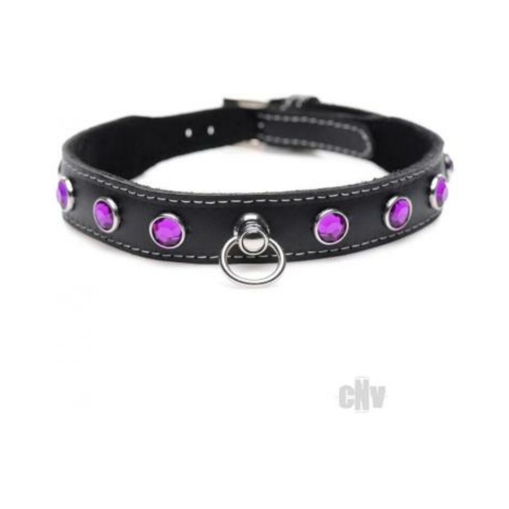Ms Leather Collar W/rhinestone Purple