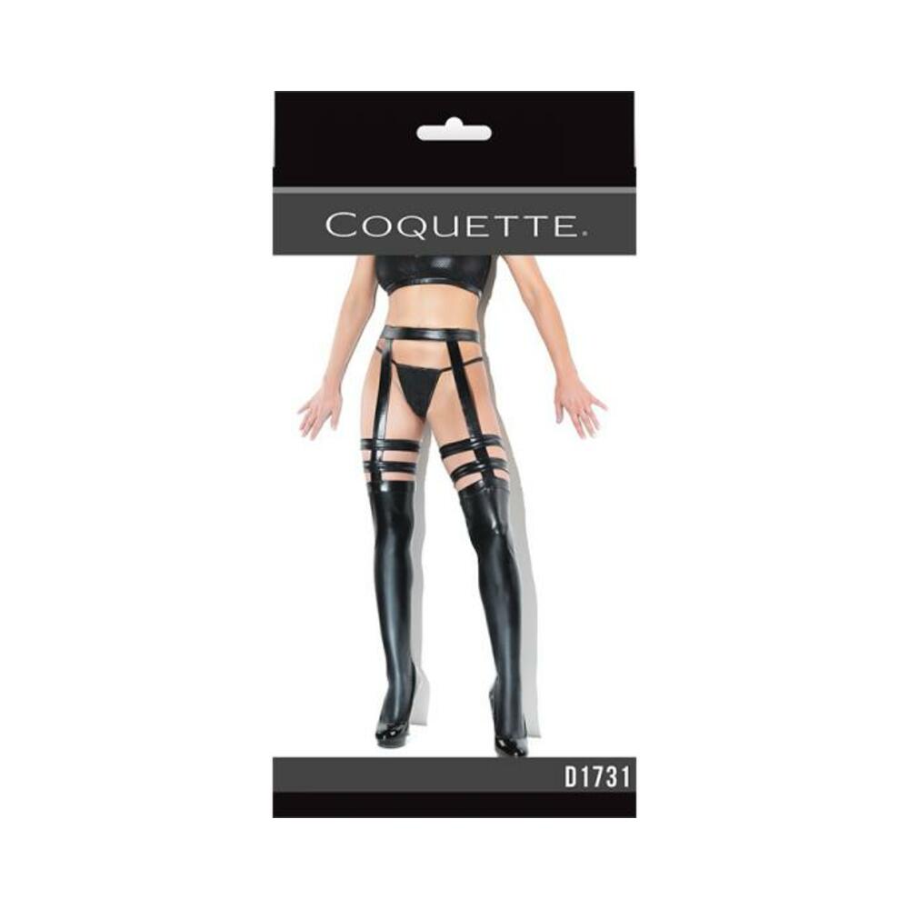 Coquette Thigh-high Wetlook Stockings With Garters Black Os