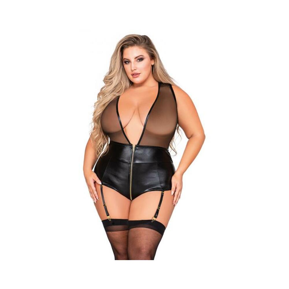 Dreamgirl Wetlook & Mesh Deep-v Zip-front Gartered Teddy Black 1xl