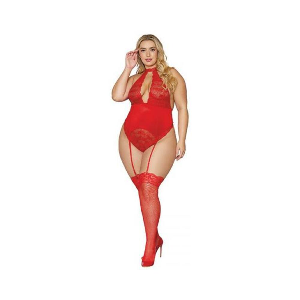 Stretch Lace & Velvet Garter Teddy Lipstick Red Q/s