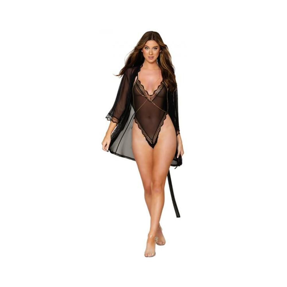 Dreamgirl Mesh Robe & Strappy Back Teddy With Lace Trim Black S Hanging