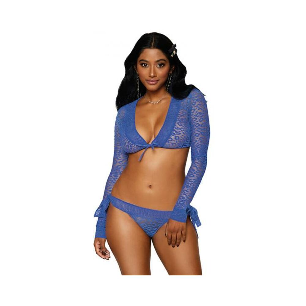 Dreamgirl 2-piece Mesh Knit Animal Print Shrug & Cheeky Panty Periwinkle O/s