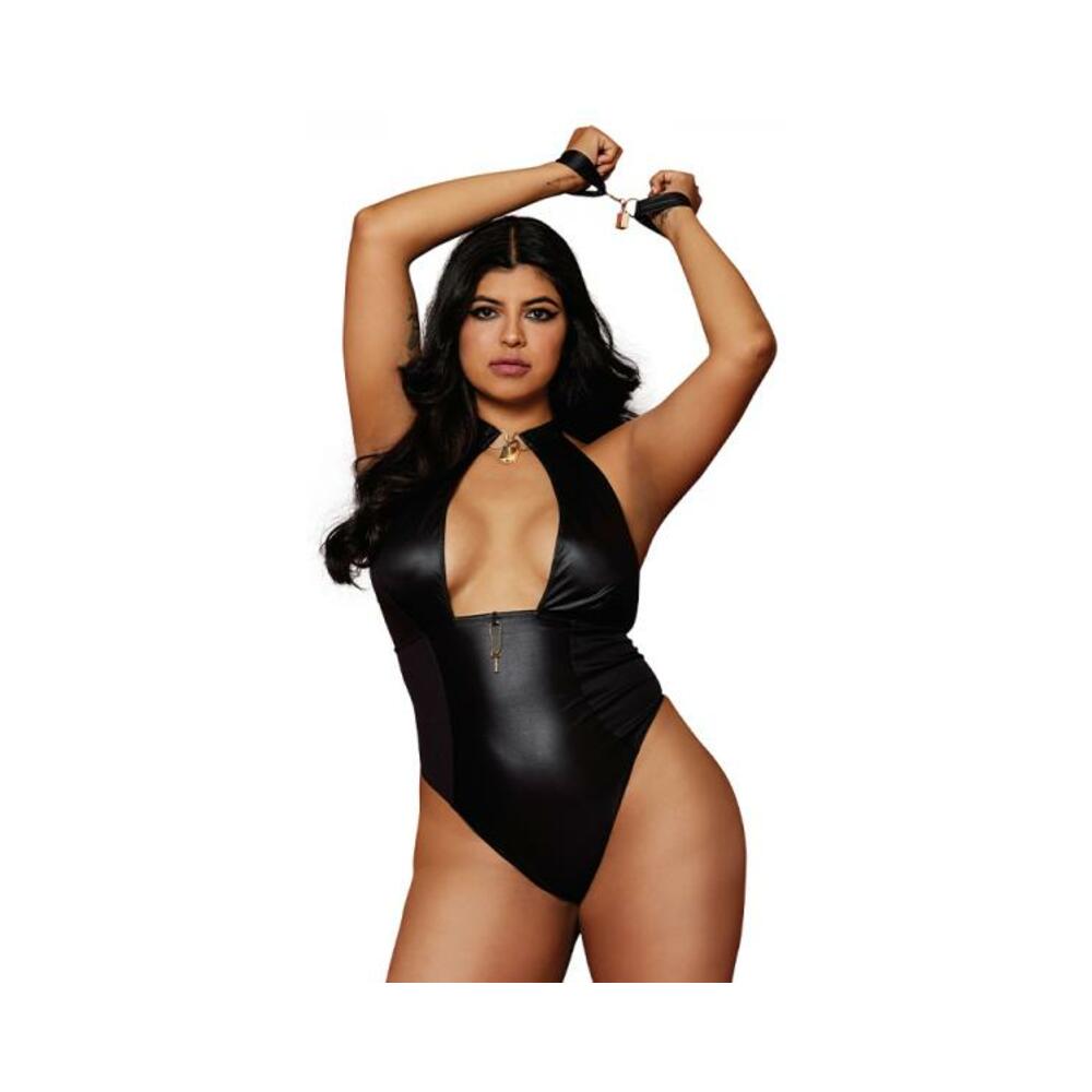 Faux Leather Halter Teddy W/ Padlock Detail Black Q/s