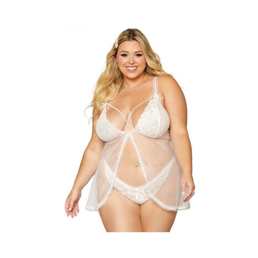 Dreamgirl Lace Mesh Babydoll With Pearl Accents & Lace Pearl G-string White Queen Size
