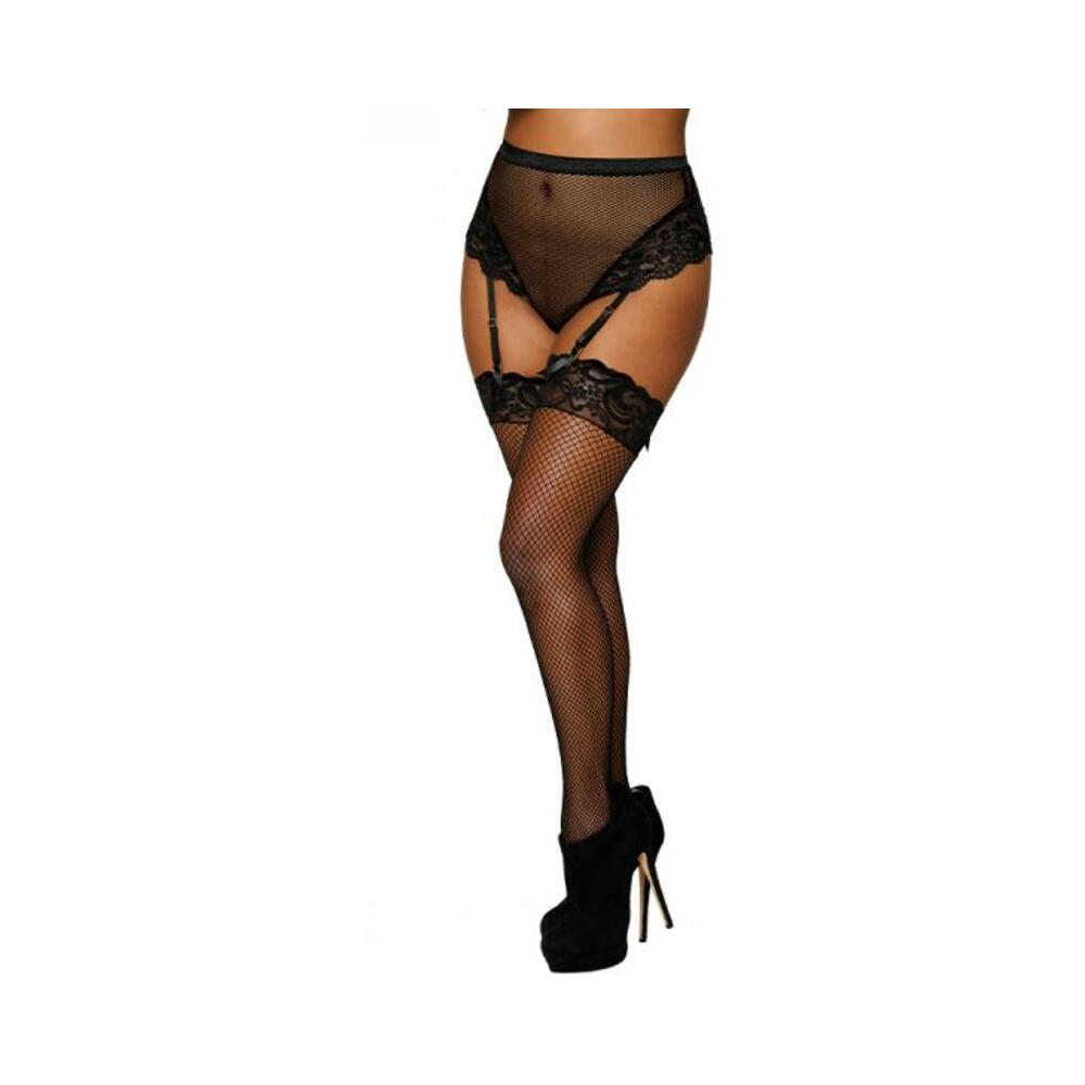 Dreamgirl High-waist Fishnet And Lace Gartered Thong With Keyhole Ribbon-tie Back Black L