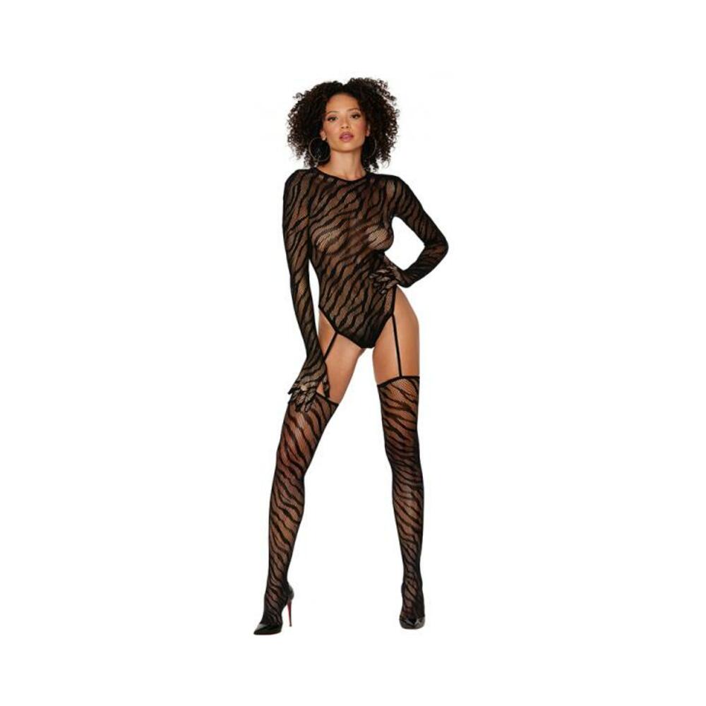 Dreamgirl Animal Print Fishnet Gloved Suspender Teddy Bodystocking With Keyhole Back Black O/s