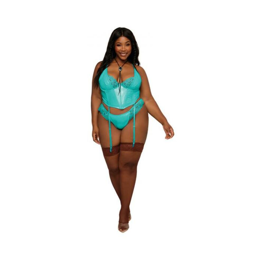 Dreamgirl Stretch Vinyl And Lace Bustier And G-string Set Ocean 3xl